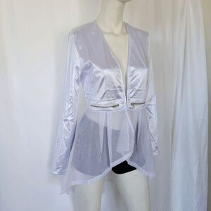 Love University womens white blouse hi low mesh satin tunic size L